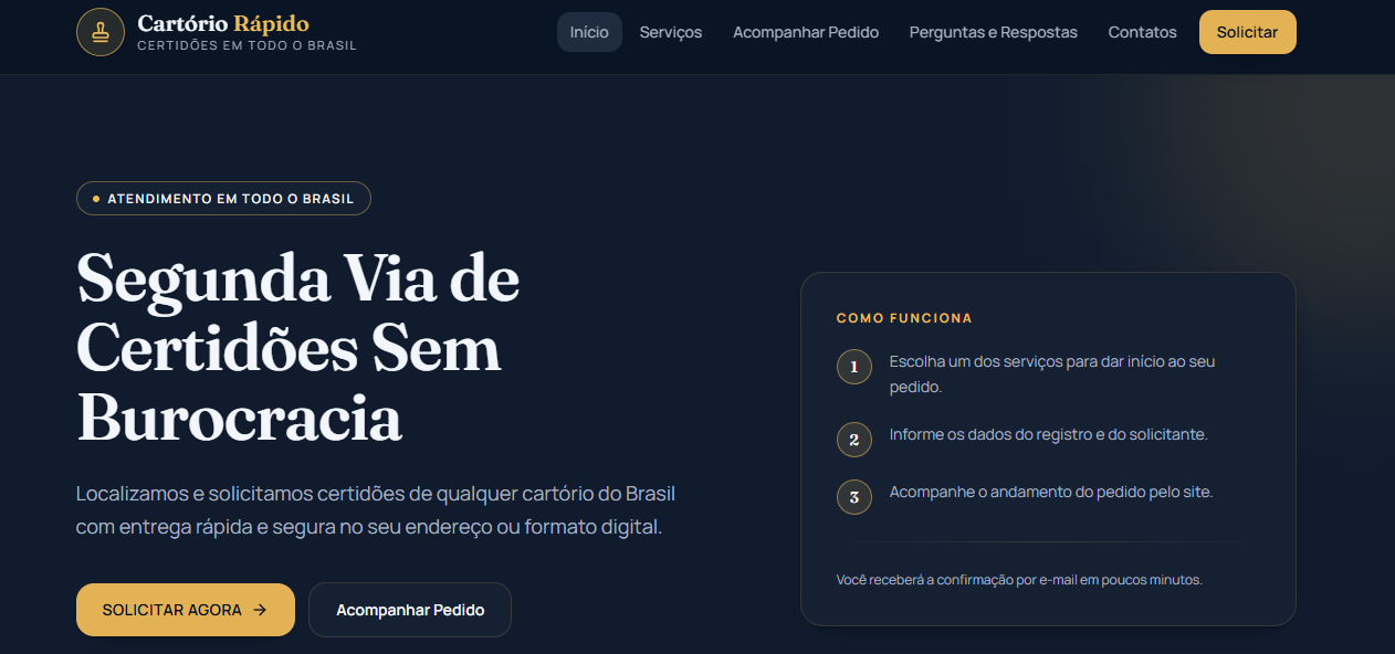 Prévia do site Cartório Rápido
